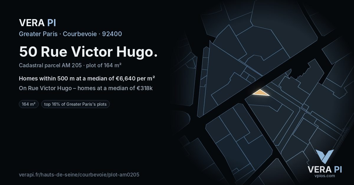 50 Rue Victor Hugo, Courbevoie at night – the plot lit, the parcels around coloured by the prices near them
