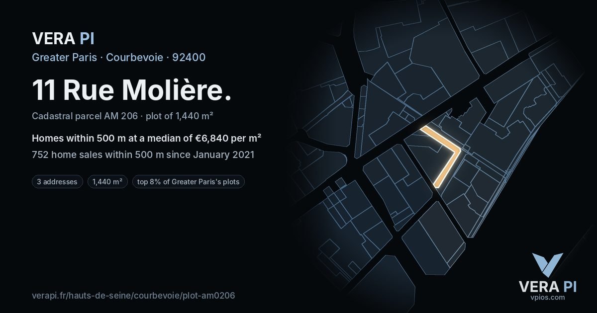 11 Rue Molière, Courbevoie at night – the plot lit, the parcels around coloured by the prices near them