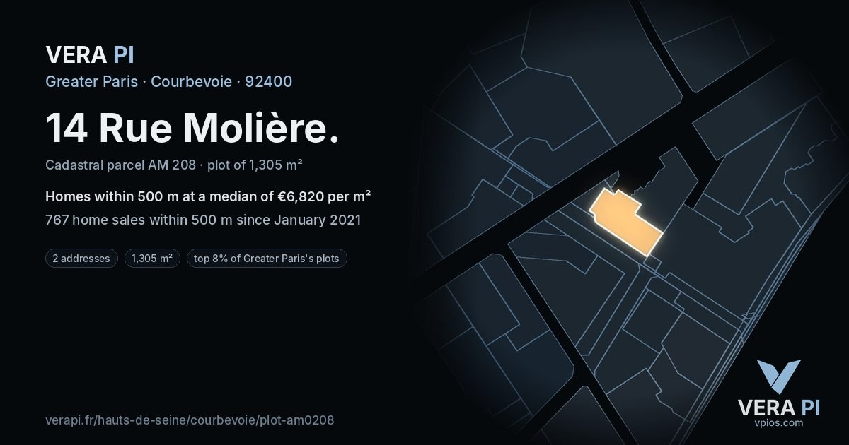 14 Rue Molière, Courbevoie at night – the plot lit, the parcels around coloured by the prices near them