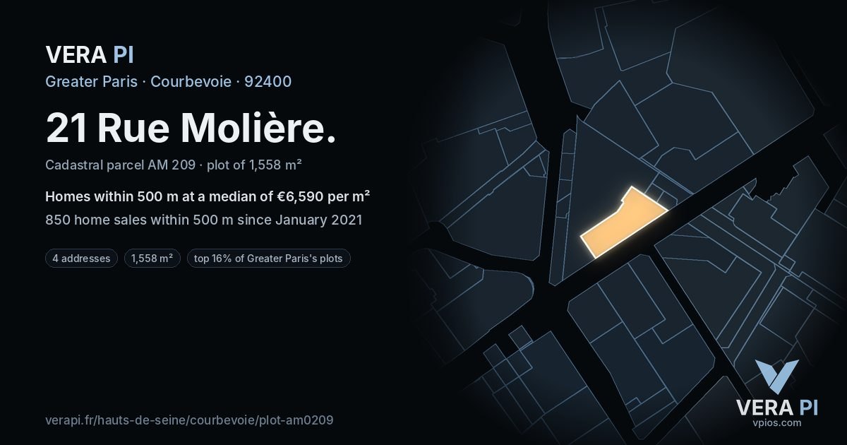 21 Rue Molière, Courbevoie at night – the plot lit, the parcels around coloured by the prices near them