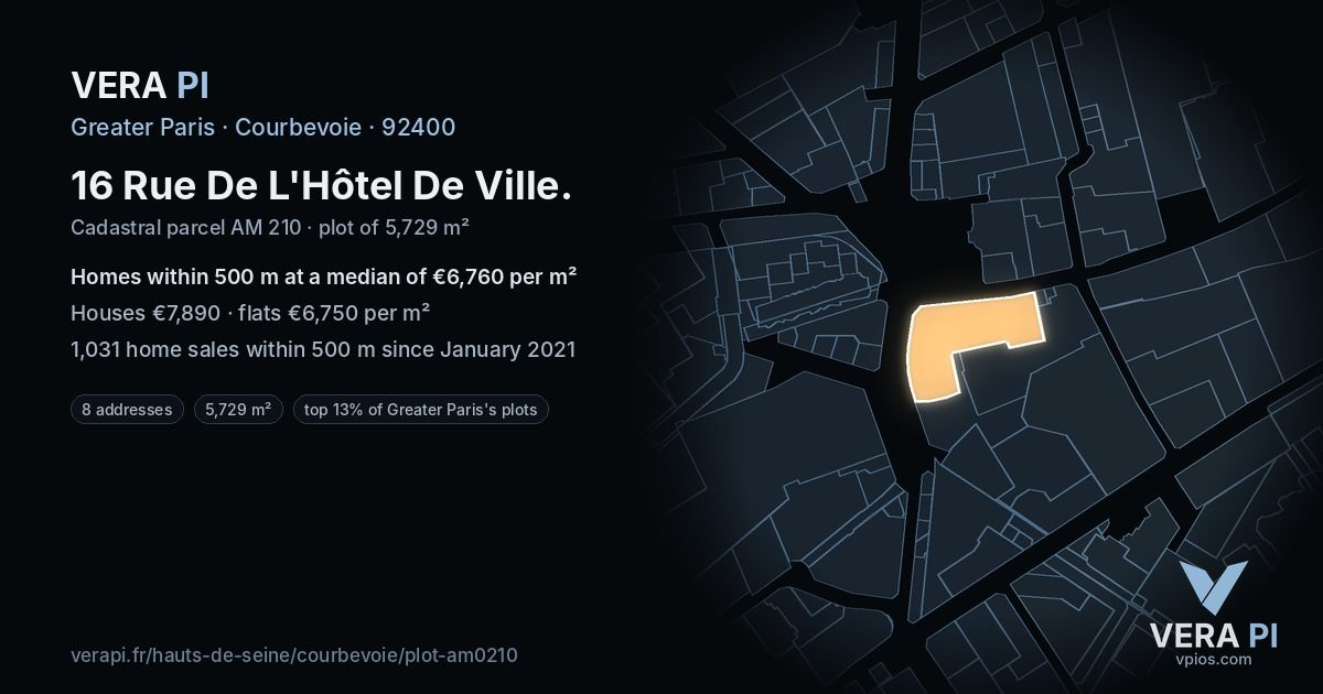 16 Rue De L'Hôtel De Ville, Courbevoie at night – the plot lit, the parcels around coloured by the prices near them