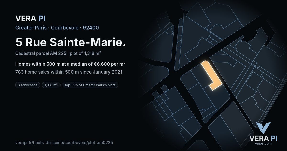 5 Rue Sainte-Marie, Courbevoie at night – the plot lit, the parcels around coloured by the prices near them