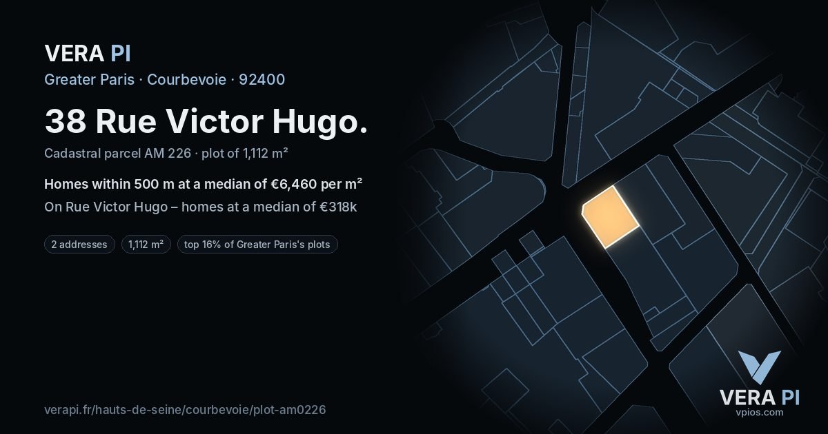 38 Rue Victor Hugo, Courbevoie at night – the plot lit, the parcels around coloured by the prices near them