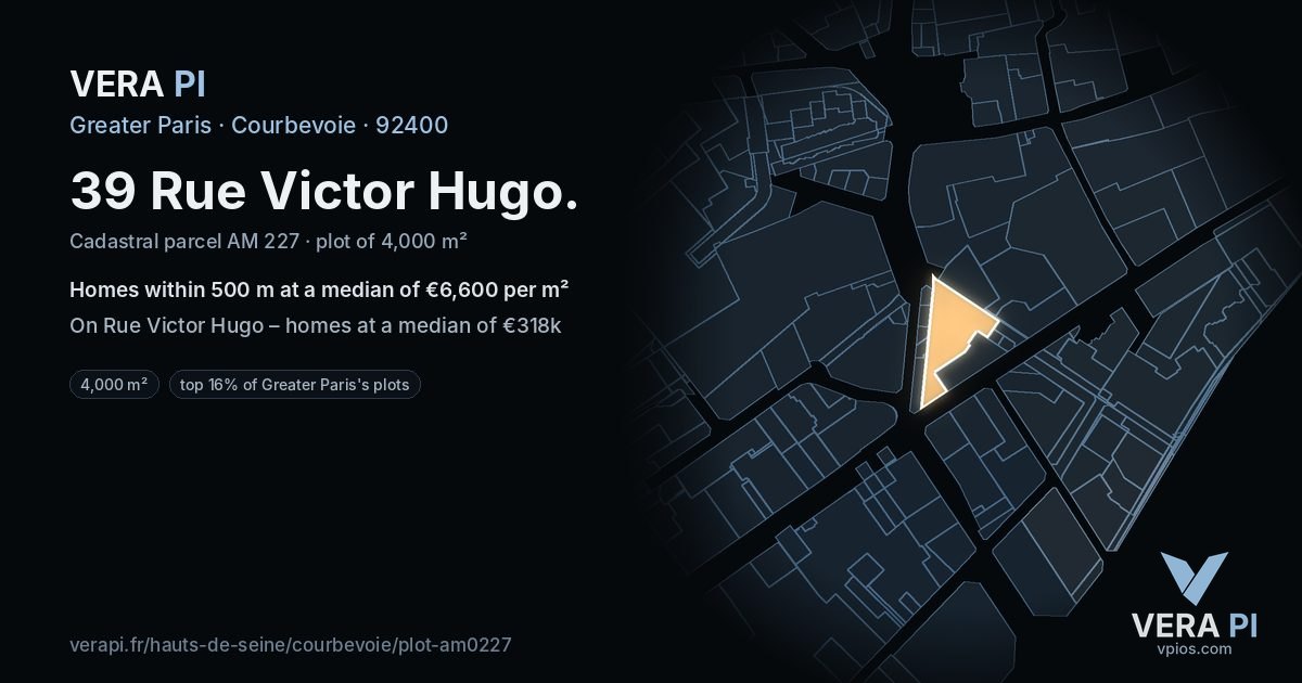 39 Rue Victor Hugo, Courbevoie at night – the plot lit, the parcels around coloured by the prices near them