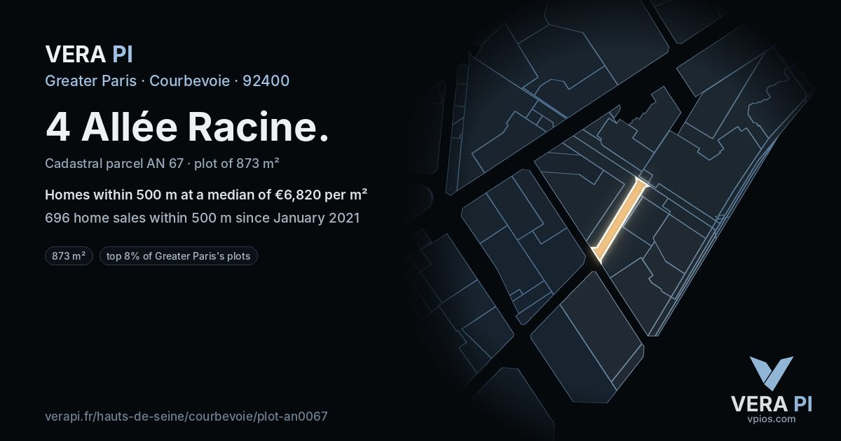 4 Allée Racine, Courbevoie at night – the plot lit, the parcels around coloured by the prices near them