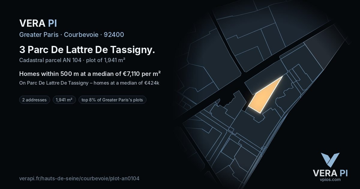 3 Parc De Lattre De Tassigny, Courbevoie at night – the plot lit, the parcels around coloured by the prices near them
