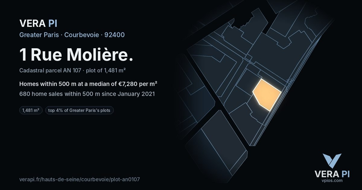 1 Rue Molière, Courbevoie at night – the plot lit, the parcels around coloured by the prices near them
