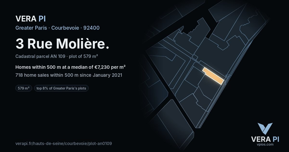 3 Rue Molière, Courbevoie at night – the plot lit, the parcels around coloured by the prices near them