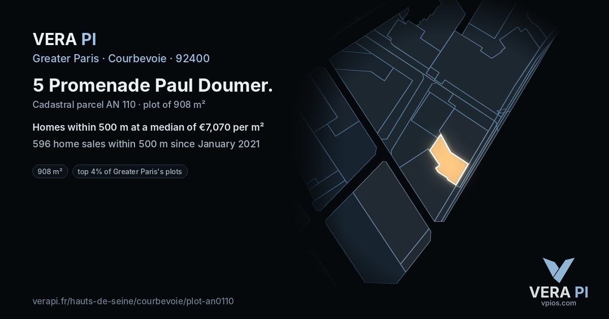5 Promenade Paul Doumer, Courbevoie at night – the plot lit, the parcels around coloured by the prices near them