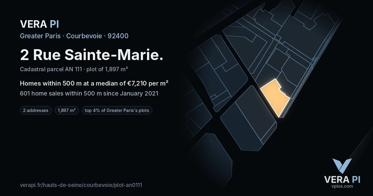 2 Rue Sainte-Marie, Courbevoie at night – the plot lit, the parcels around coloured by the prices near them