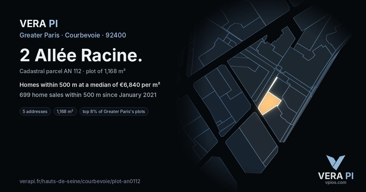 2 Allée Racine, Courbevoie at night – the plot lit, the parcels around coloured by the prices near them