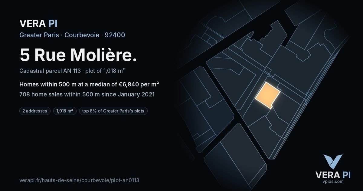 5 Rue Molière, Courbevoie at night – the plot lit, the parcels around coloured by the prices near them