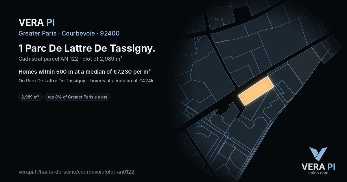 1 Parc De Lattre De Tassigny, Courbevoie at night – the plot lit, the parcels around coloured by the prices near them