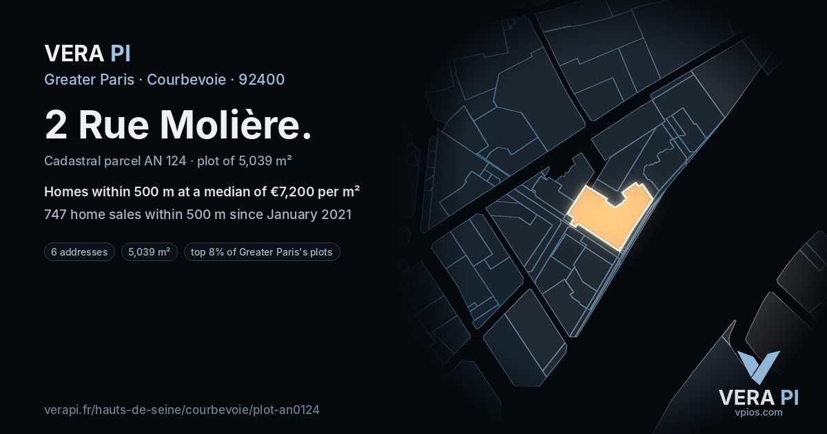 2 Rue Molière, Courbevoie at night – the plot lit, the parcels around coloured by the prices near them