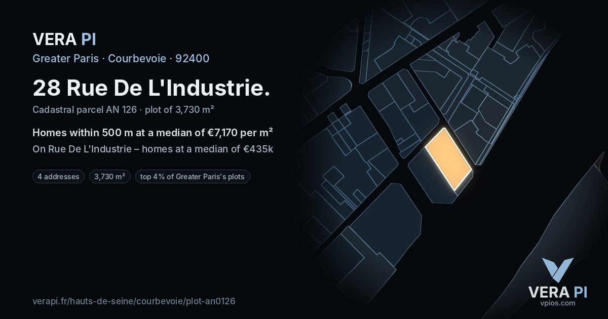 28 Rue De L'Industrie, Courbevoie at night – the plot lit, the parcels around coloured by the prices near them