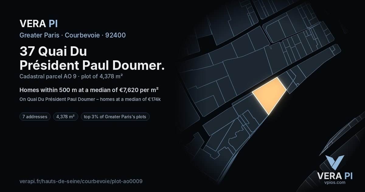 37 Quai Du Président Paul Doumer, Courbevoie at night – the plot lit, the parcels around coloured by the prices near them