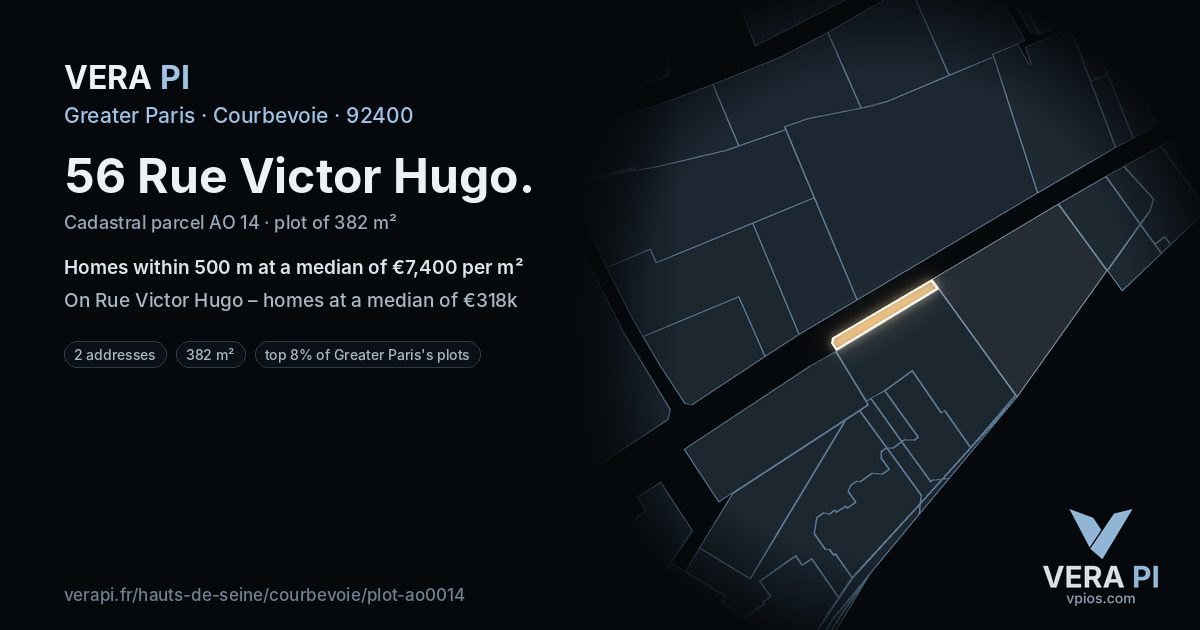 56 Rue Victor Hugo, Courbevoie at night – the plot lit, the parcels around coloured by the prices near them