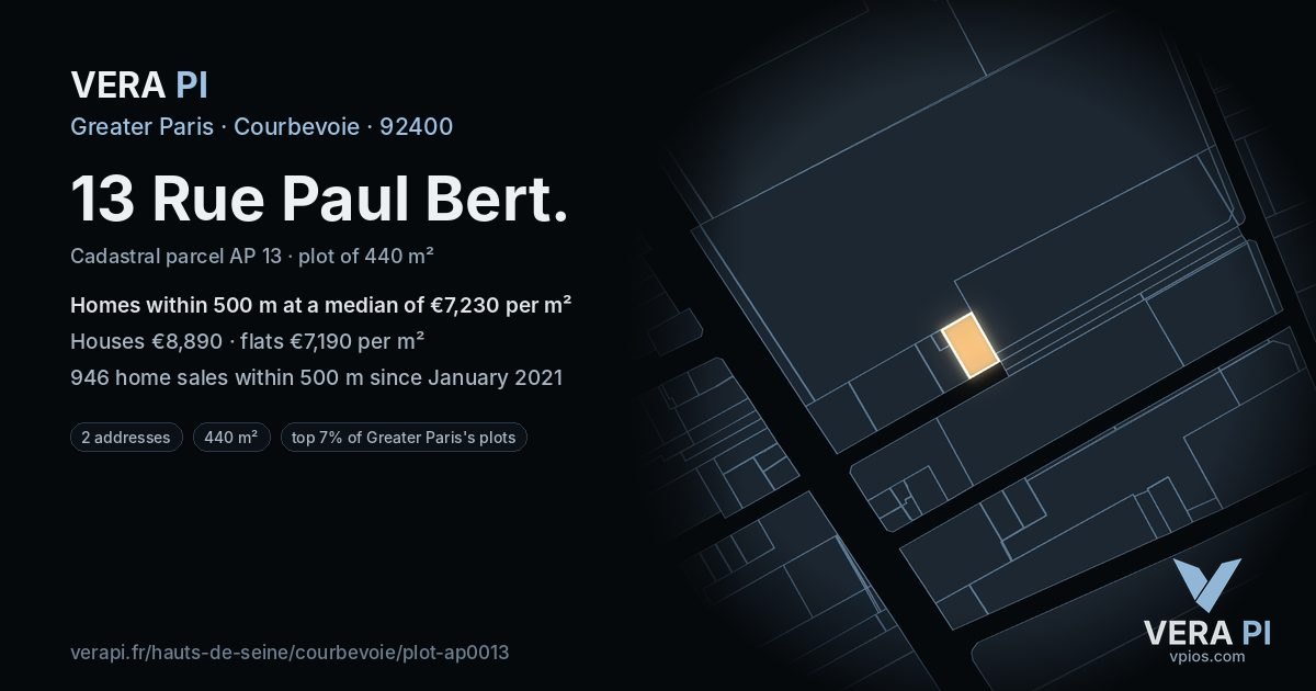 13 Rue Paul Bert, Courbevoie at night – the plot lit, the parcels around coloured by the prices near them