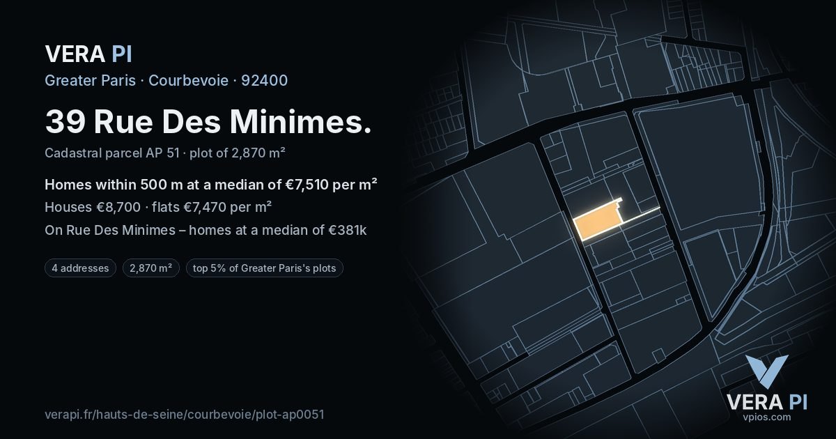39 Rue Des Minimes, Courbevoie at night – the plot lit, the parcels around coloured by the prices near them