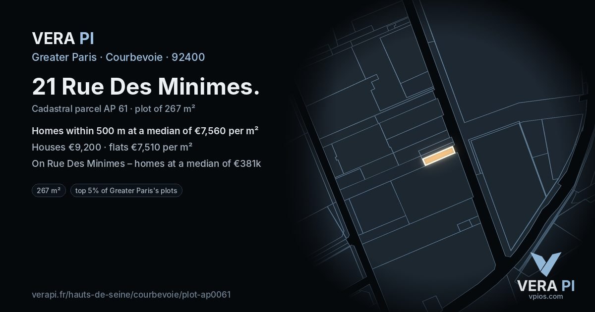 21 Rue Des Minimes, Courbevoie at night – the plot lit, the parcels around coloured by the prices near them