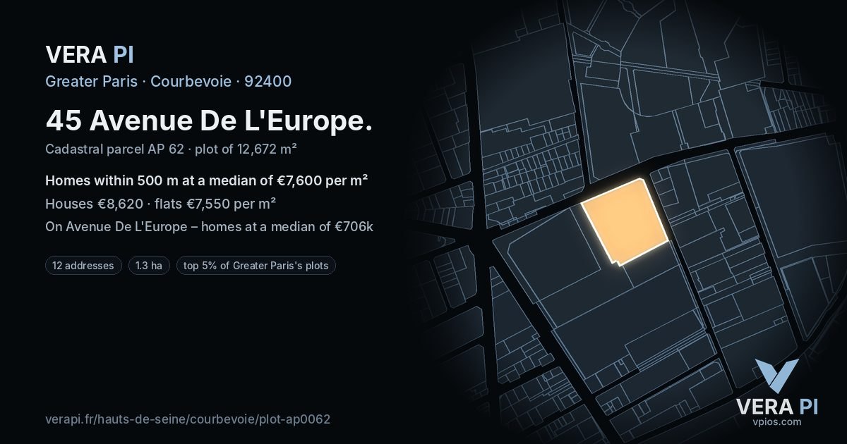 45 Avenue De L'Europe, Courbevoie at night – the plot lit, the parcels around coloured by the prices near them