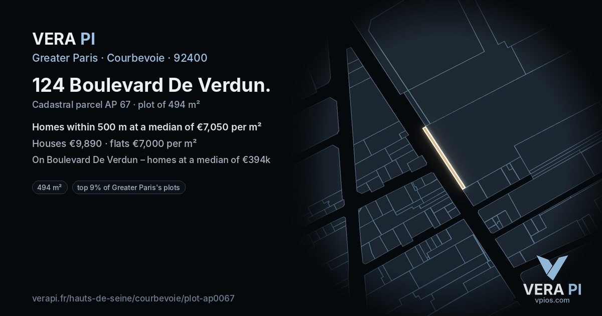 124 Boulevard De Verdun, Courbevoie at night – the plot lit, the parcels around coloured by the prices near them