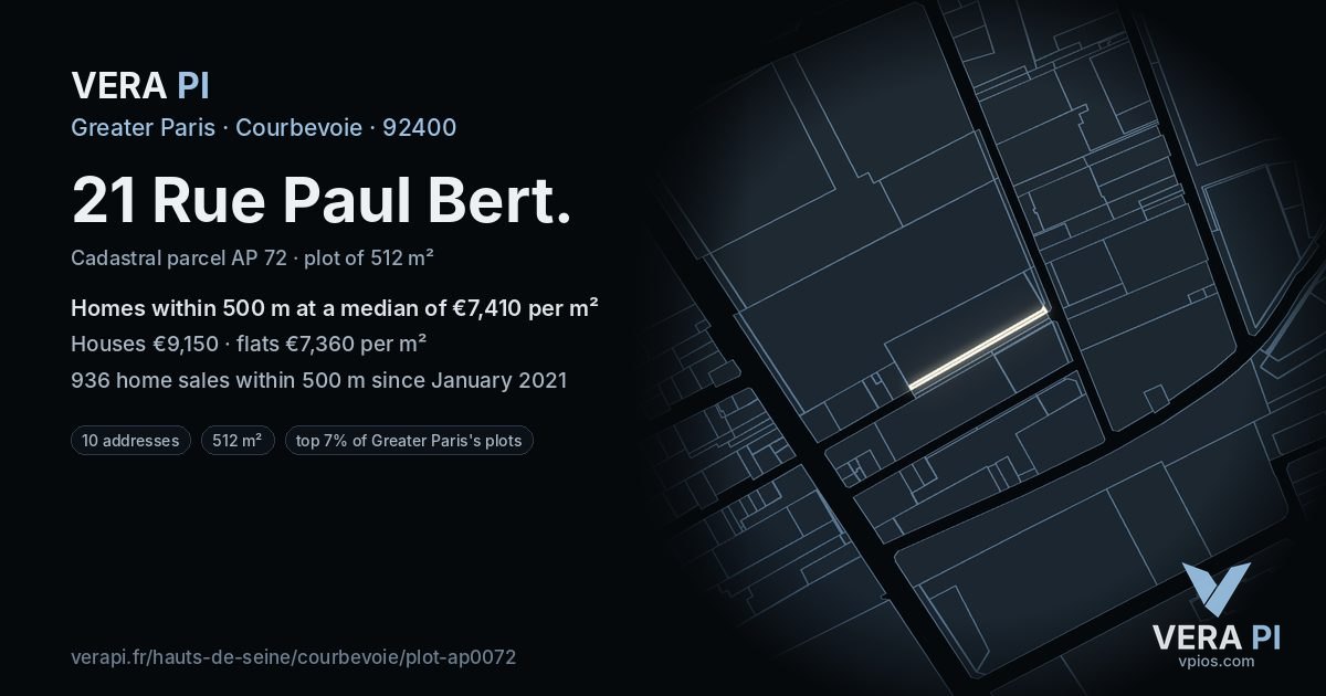 21 Rue Paul Bert, Courbevoie at night – the plot lit, the parcels around coloured by the prices near them