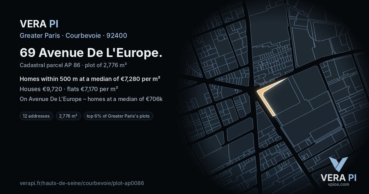 69 Avenue De L'Europe, Courbevoie at night – the plot lit, the parcels around coloured by the prices near them