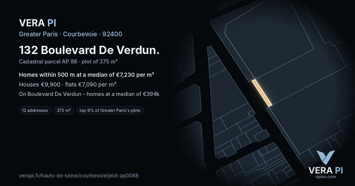 132 Boulevard De Verdun, Courbevoie at night – the plot lit, the parcels around coloured by the prices near them