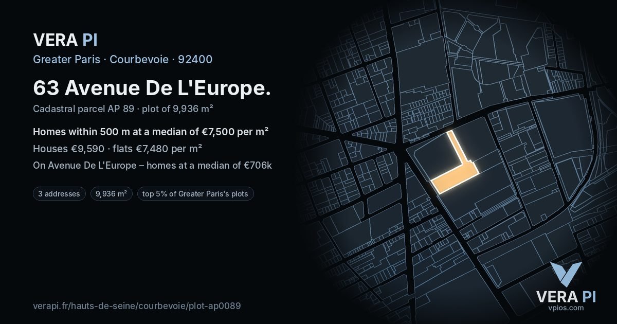 63 Avenue De L'Europe, Courbevoie at night – the plot lit, the parcels around coloured by the prices near them