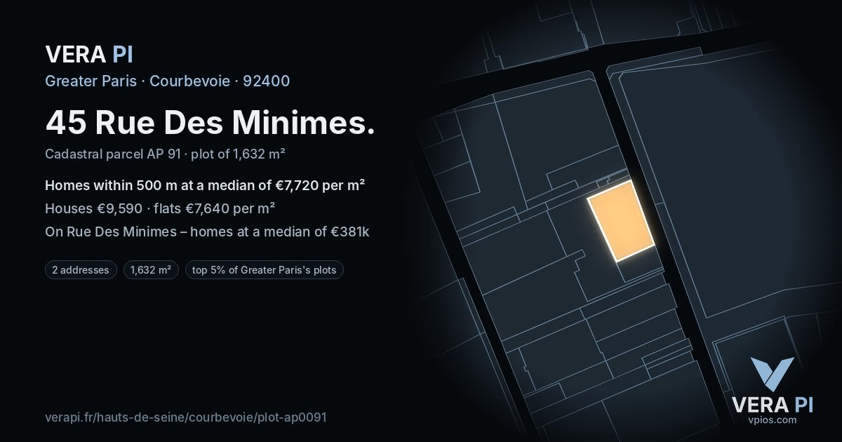 45 Rue Des Minimes, Courbevoie at night – the plot lit, the parcels around coloured by the prices near them