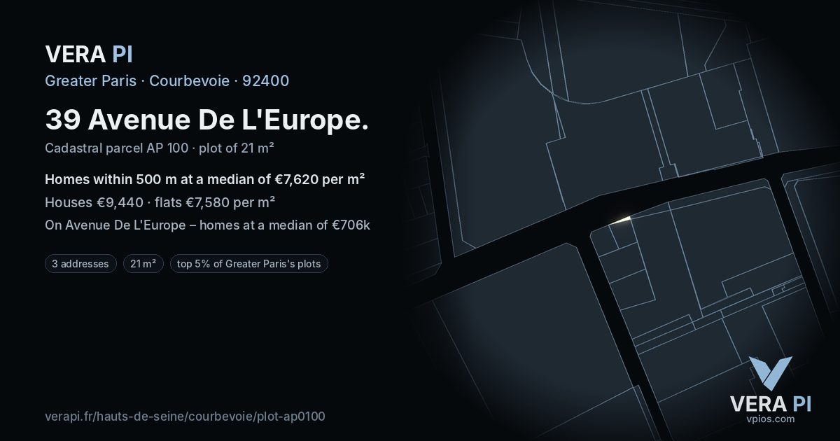 39 Avenue De L'Europe, Courbevoie at night – the plot lit, the parcels around coloured by the prices near them