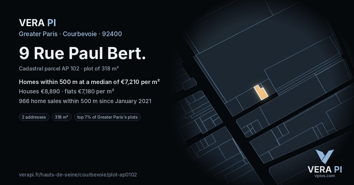 9 Rue Paul Bert, Courbevoie at night – the plot lit, the parcels around coloured by the prices near them