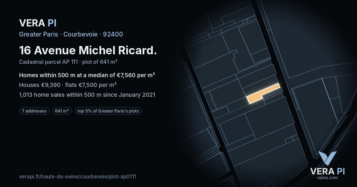 16 Avenue Michel Ricard, Courbevoie at night – the plot lit, the parcels around coloured by the prices near them