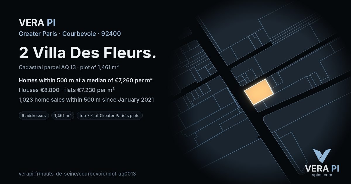 2 Villa Des Fleurs, Courbevoie at night – the plot lit, the parcels around coloured by the prices near them