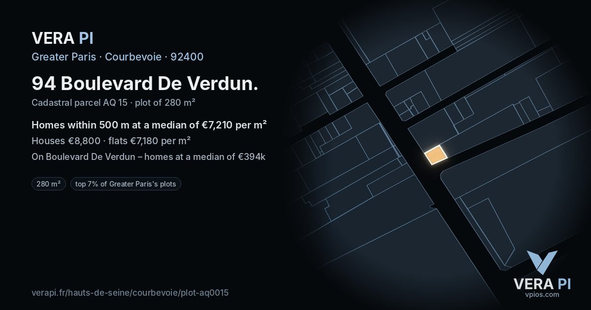 94 Boulevard De Verdun, Courbevoie at night – the plot lit, the parcels around coloured by the prices near them