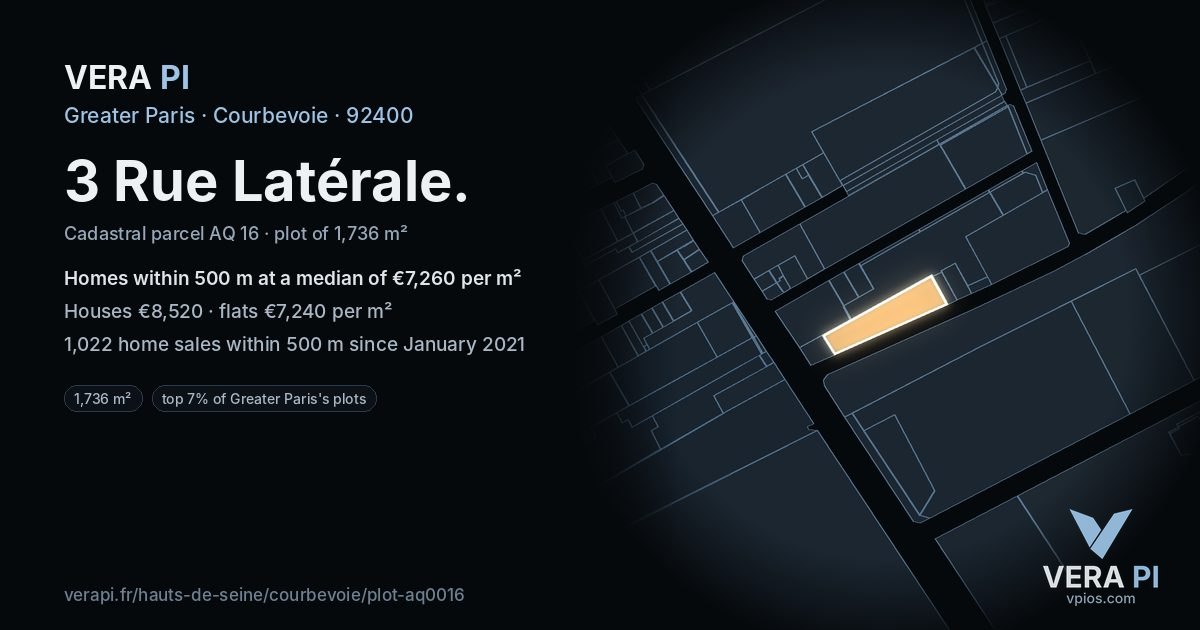 3 Rue Latérale, Courbevoie at night – the plot lit, the parcels around coloured by the prices near them