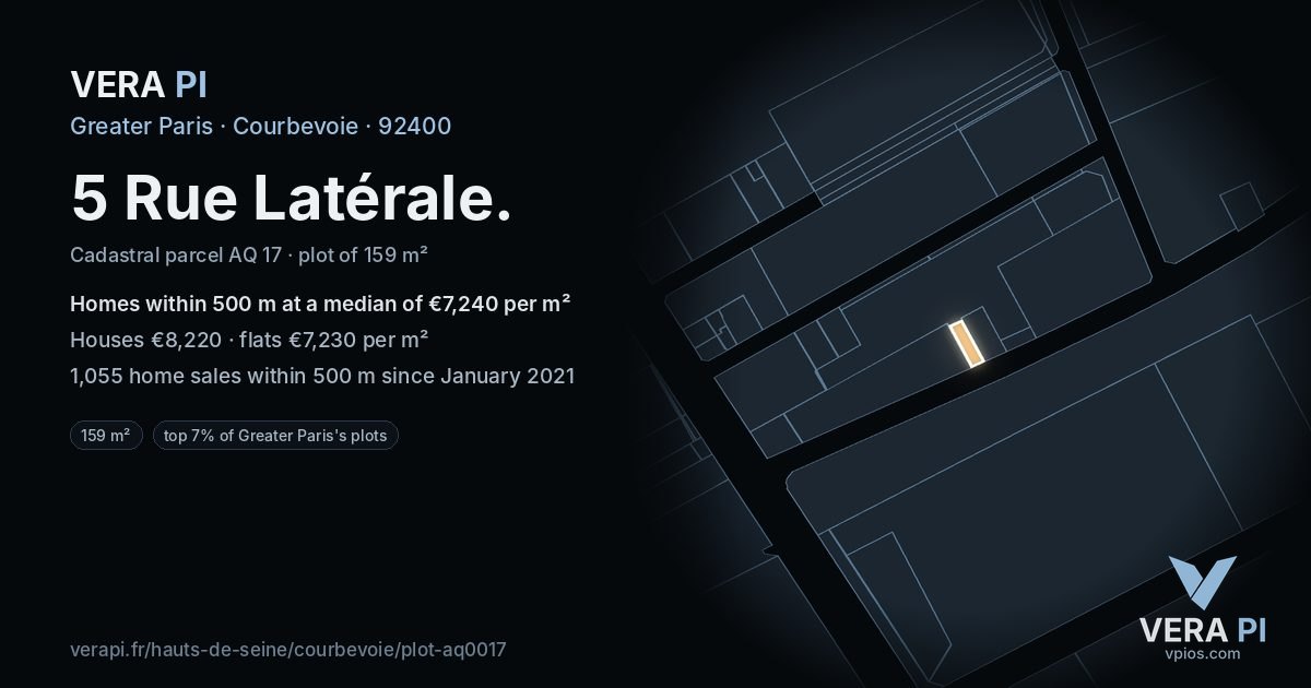 5 Rue Latérale, Courbevoie at night – the plot lit, the parcels around coloured by the prices near them