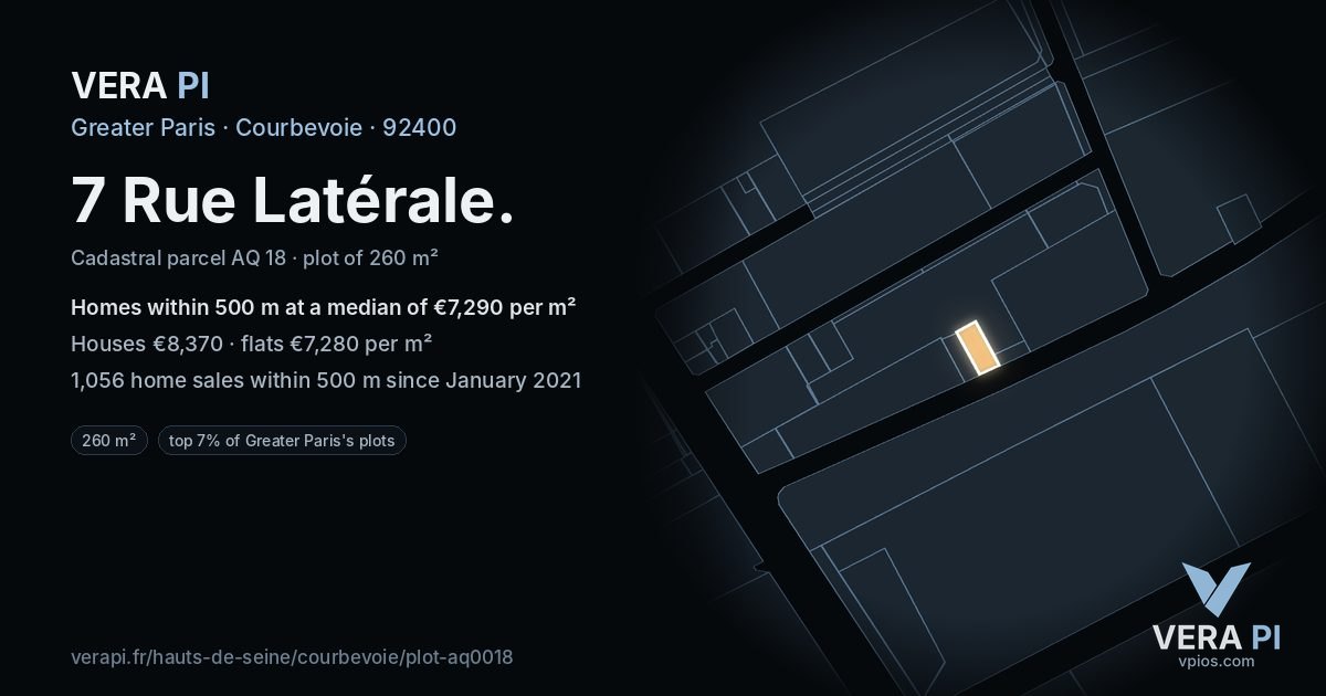 7 Rue Latérale, Courbevoie at night – the plot lit, the parcels around coloured by the prices near them