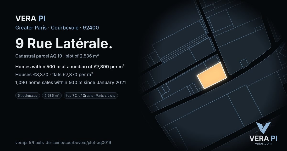 9 Rue Latérale, Courbevoie at night – the plot lit, the parcels around coloured by the prices near them