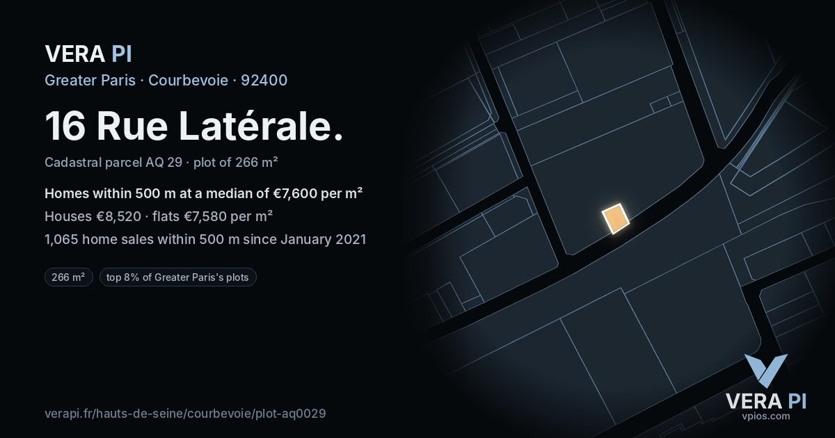 16 Rue Latérale, Courbevoie at night – the plot lit, the parcels around coloured by the prices near them
