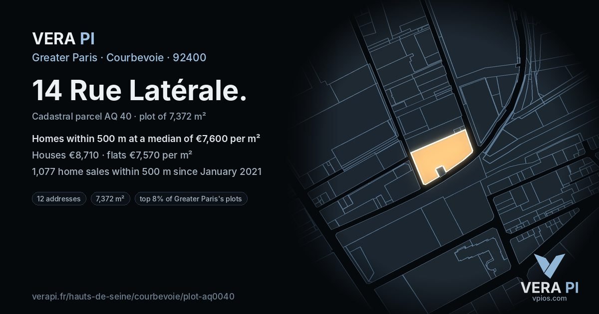 14 Rue Latérale, Courbevoie at night – the plot lit, the parcels around coloured by the prices near them