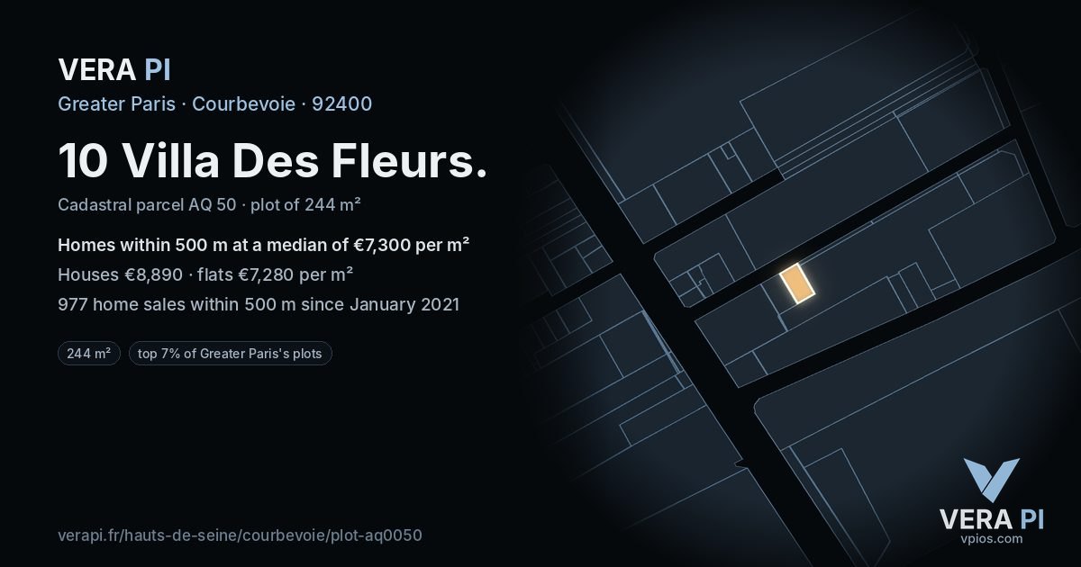 10 Villa Des Fleurs, Courbevoie at night – the plot lit, the parcels around coloured by the prices near them