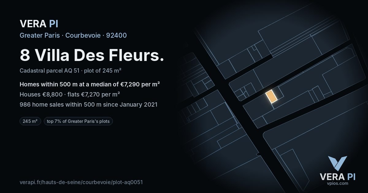 8 Villa Des Fleurs, Courbevoie at night – the plot lit, the parcels around coloured by the prices near them