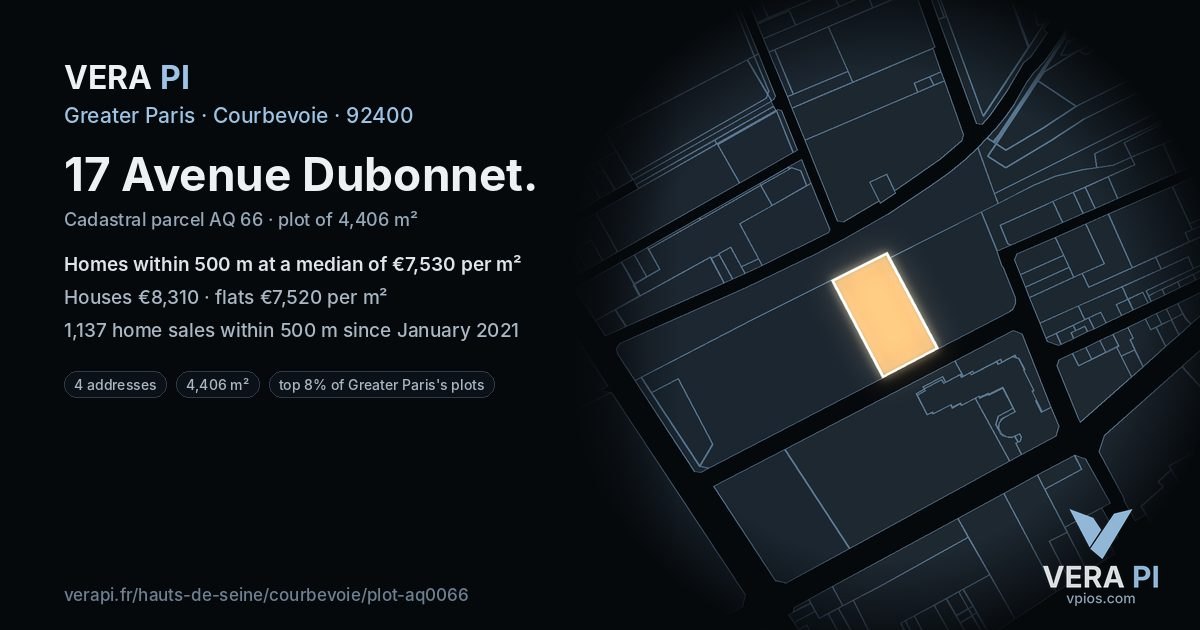 17 Avenue Dubonnet, Courbevoie at night – the plot lit, the parcels around coloured by the prices near them