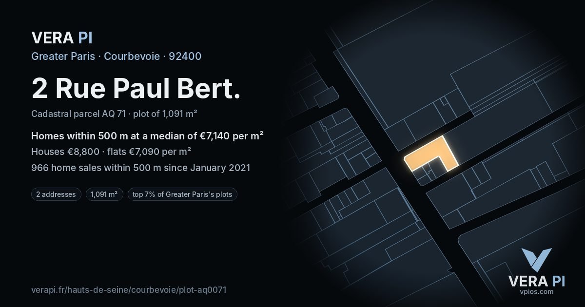 2 Rue Paul Bert, Courbevoie at night – the plot lit, the parcels around coloured by the prices near them