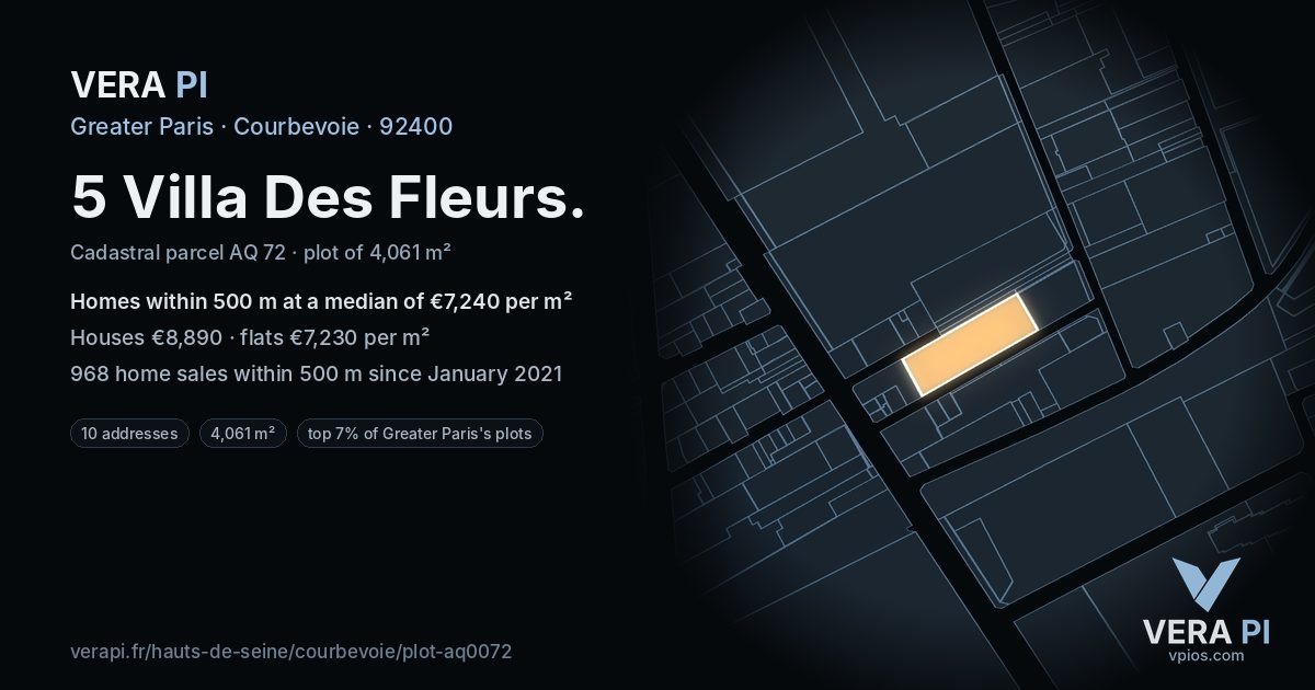 5 Villa Des Fleurs, Courbevoie at night – the plot lit, the parcels around coloured by the prices near them