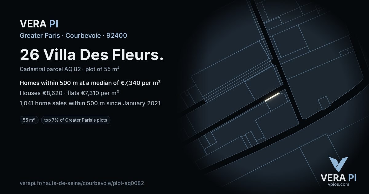 26 Villa Des Fleurs, Courbevoie at night – the plot lit, the parcels around coloured by the prices near them