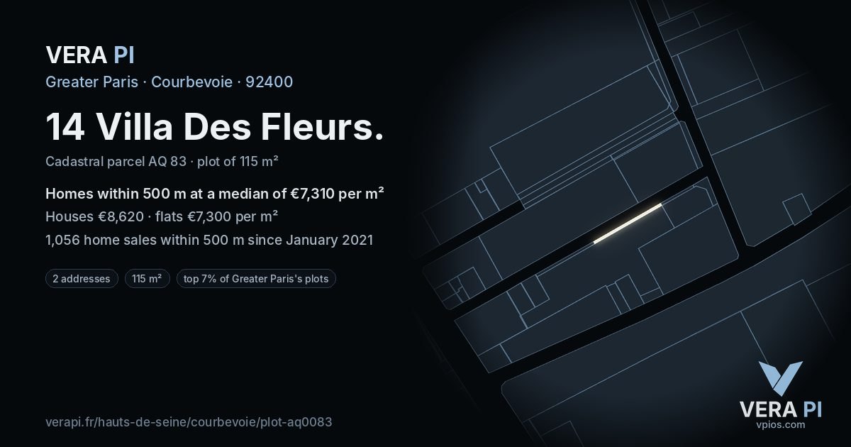 14 Villa Des Fleurs, Courbevoie at night – the plot lit, the parcels around coloured by the prices near them