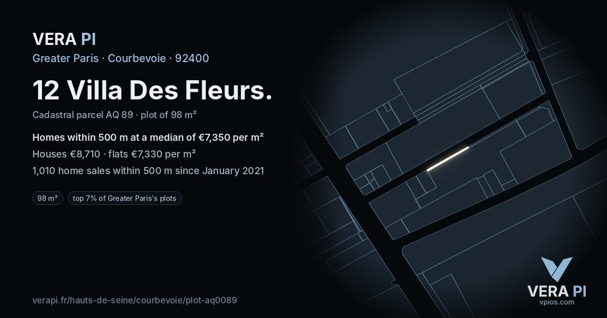 12 Villa Des Fleurs, Courbevoie at night – the plot lit, the parcels around coloured by the prices near them